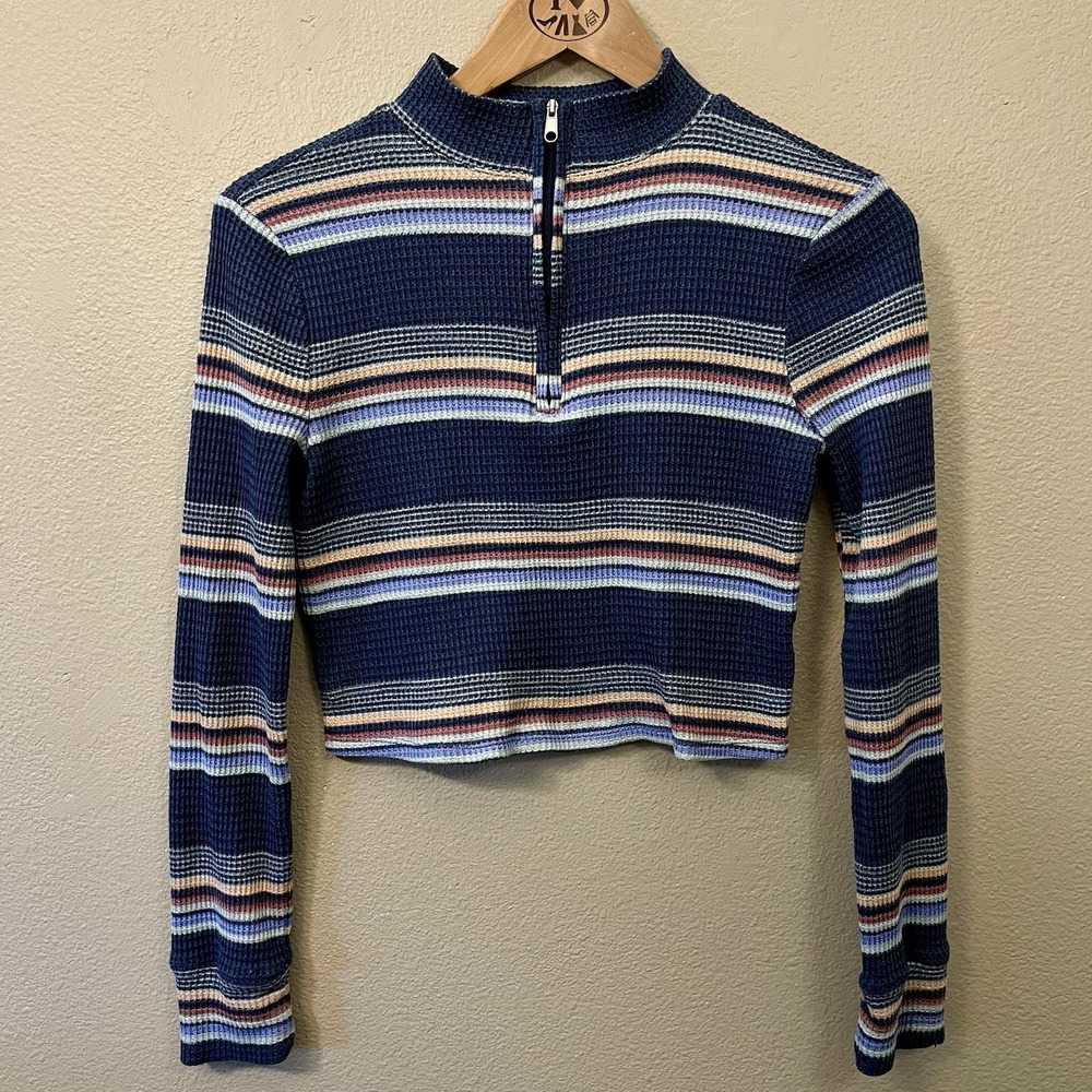 SO Y2K Cropped Thermal Waffle Shirt Long Sleeve Striped 1/4 Zip Blue Multi  Sz M